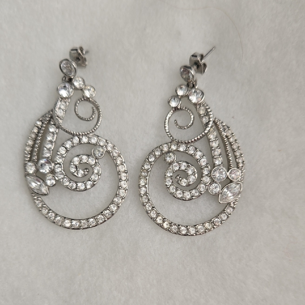 Silver And Rhinestone Swirl Earrings
